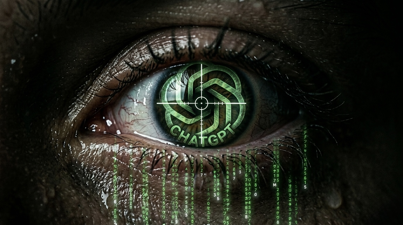 ChatGPT logo with crosshairs reflected in a human eye, Matrix-style data raining down