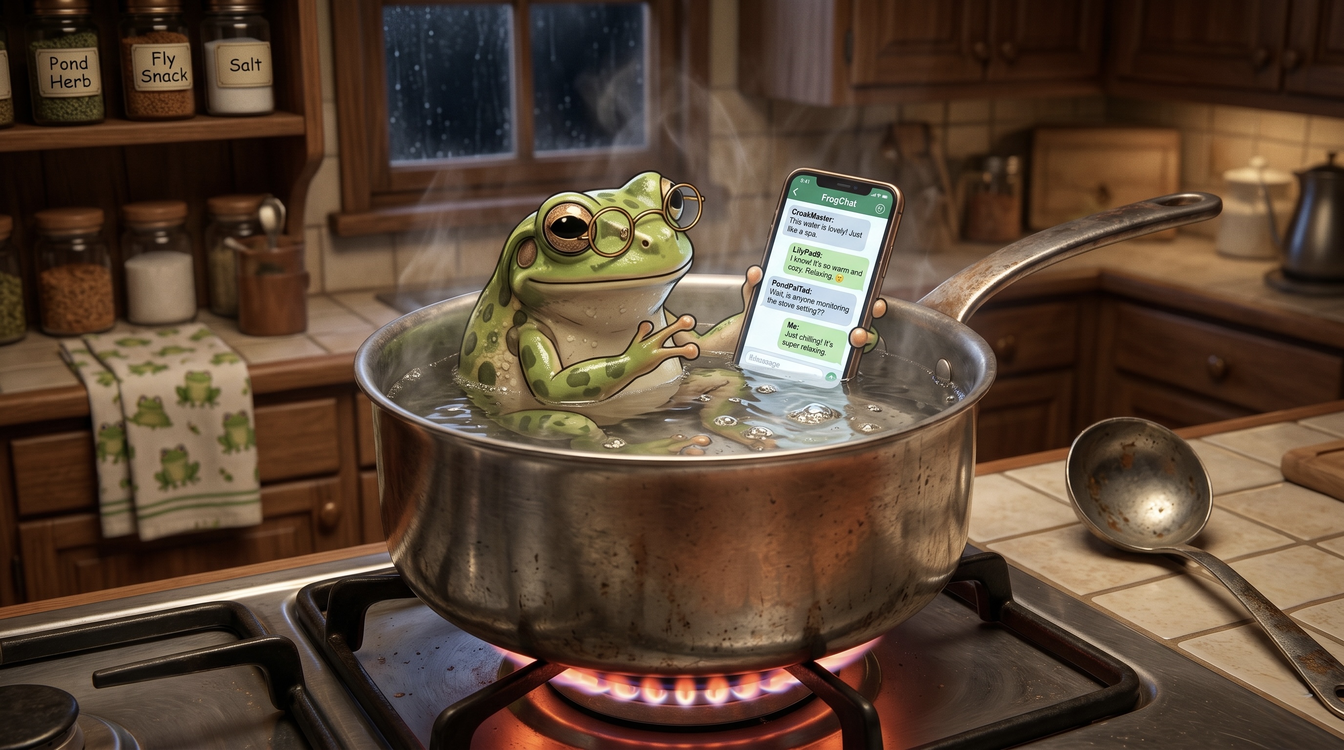 A cartoon frog calmly scrolling a phone inside a pot of simmering water on a stove