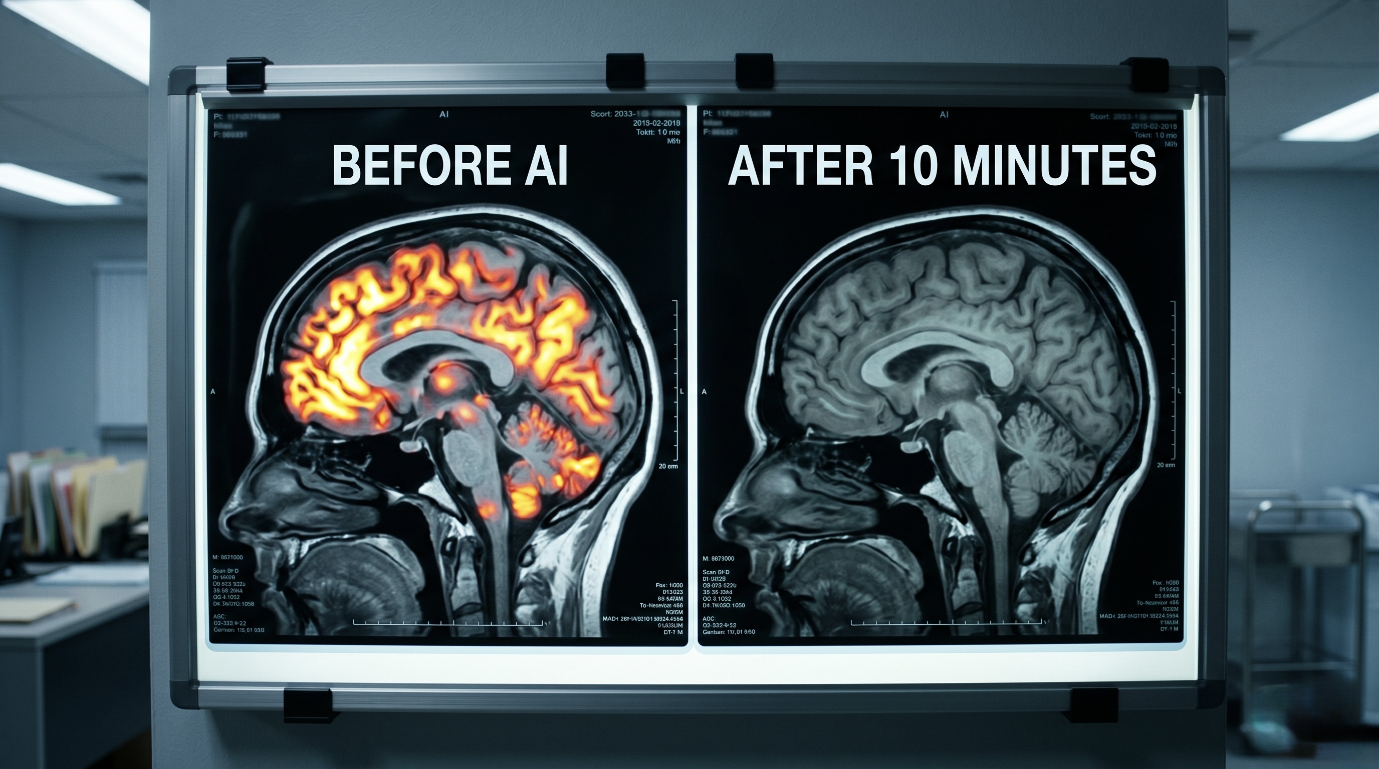 Brain scan comparison: vivid activity labeled "Before AI" next to a dimmed scan labeled "After 10 Minutes"