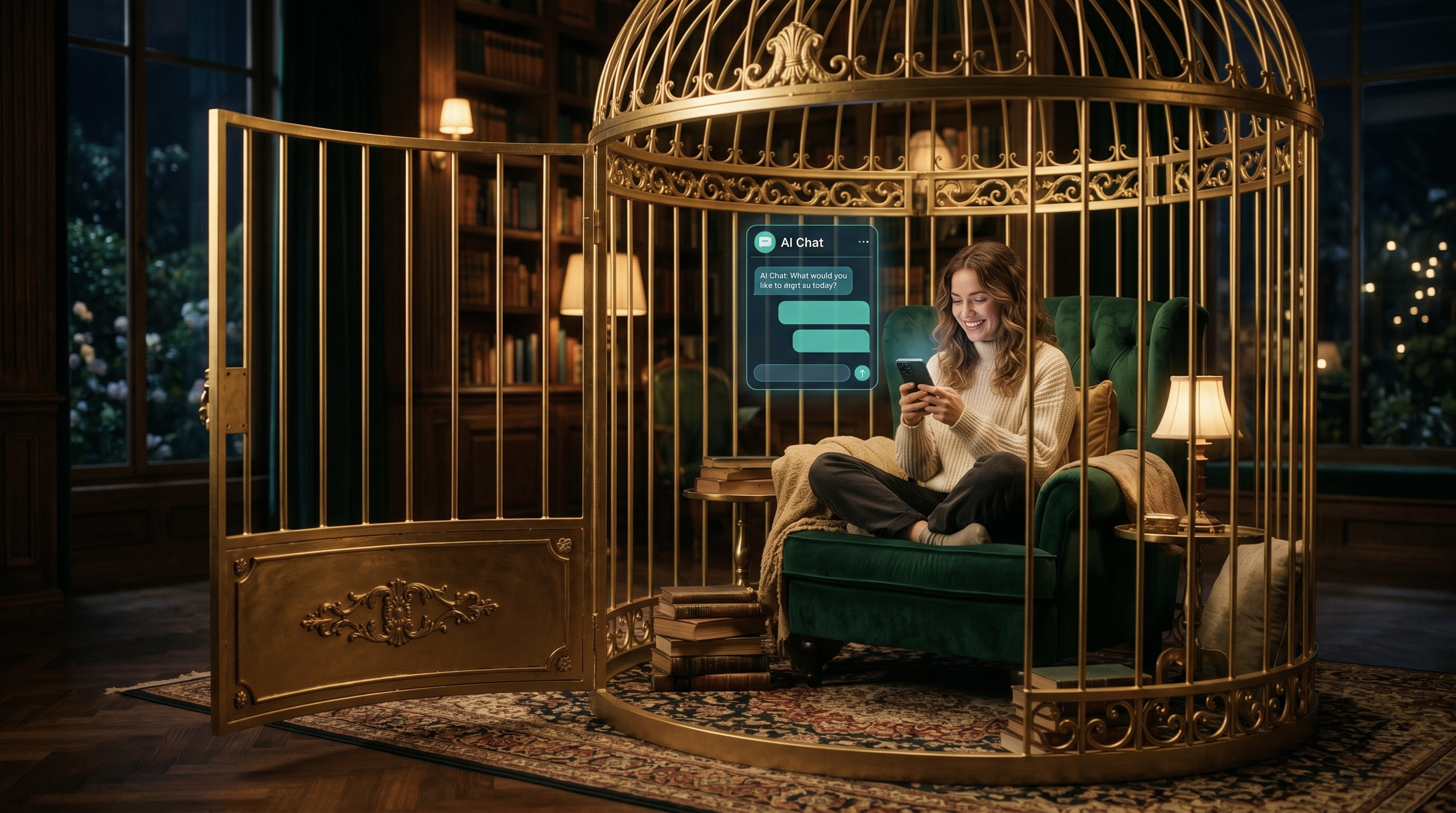 A person relaxing inside a golden cage, happily chatting with an AI on their phone