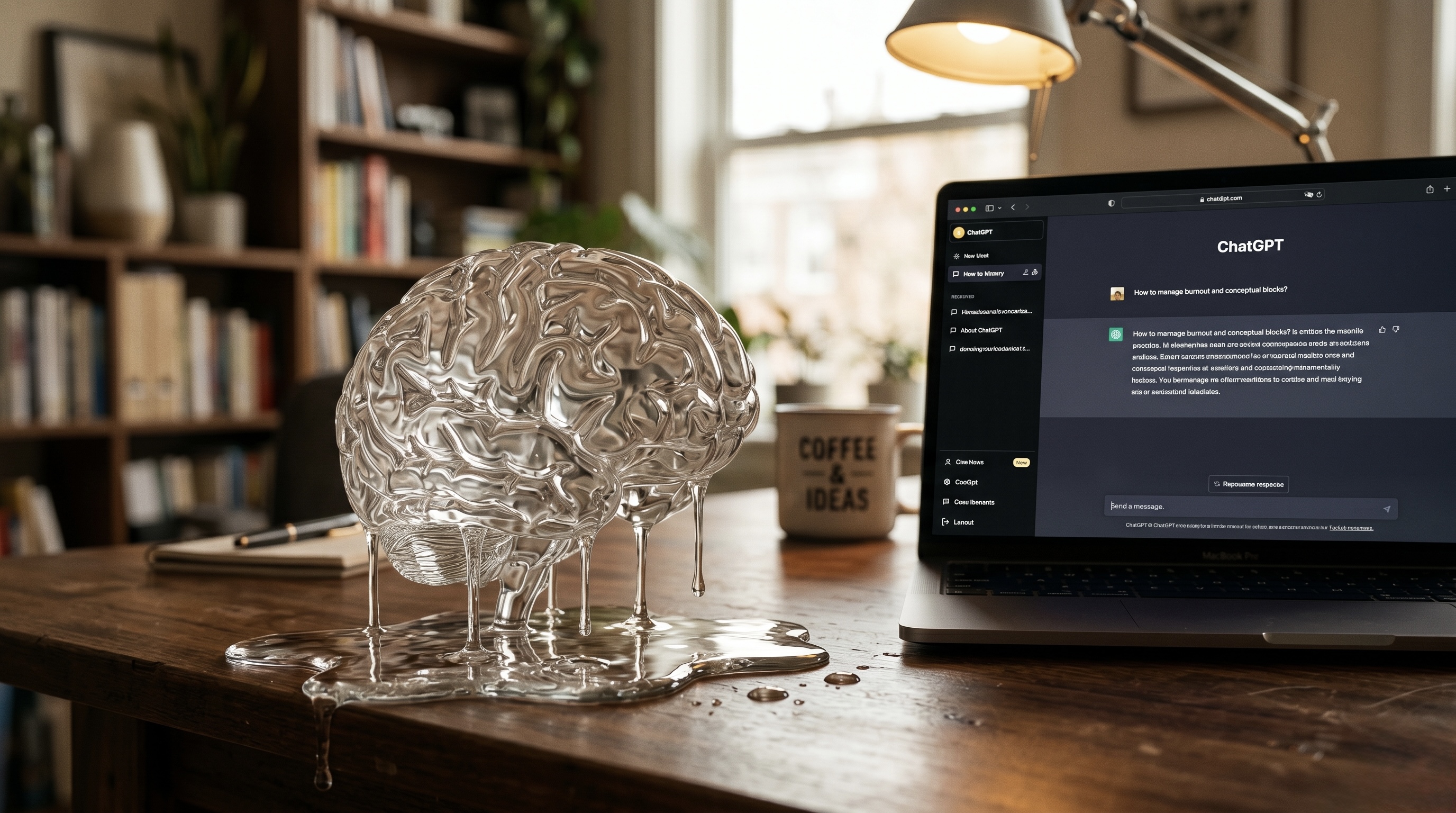 A glass brain melting next to a laptop showing a ChatGPT interface