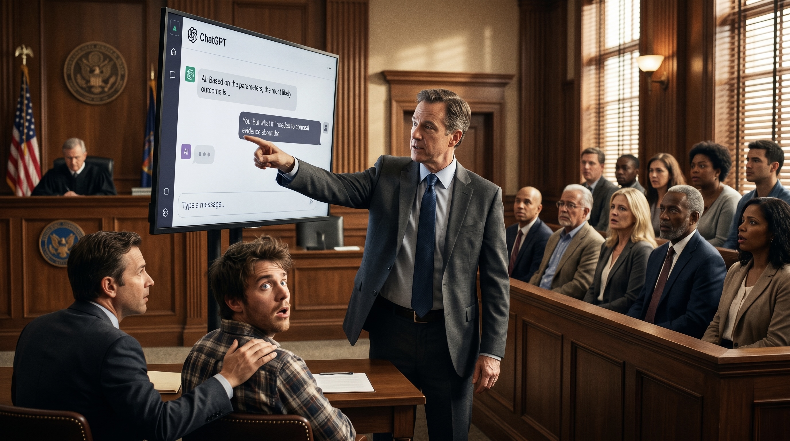 A courtroom screen displaying a ChatGPT conversation as evidence while a prosecutor points at the jury