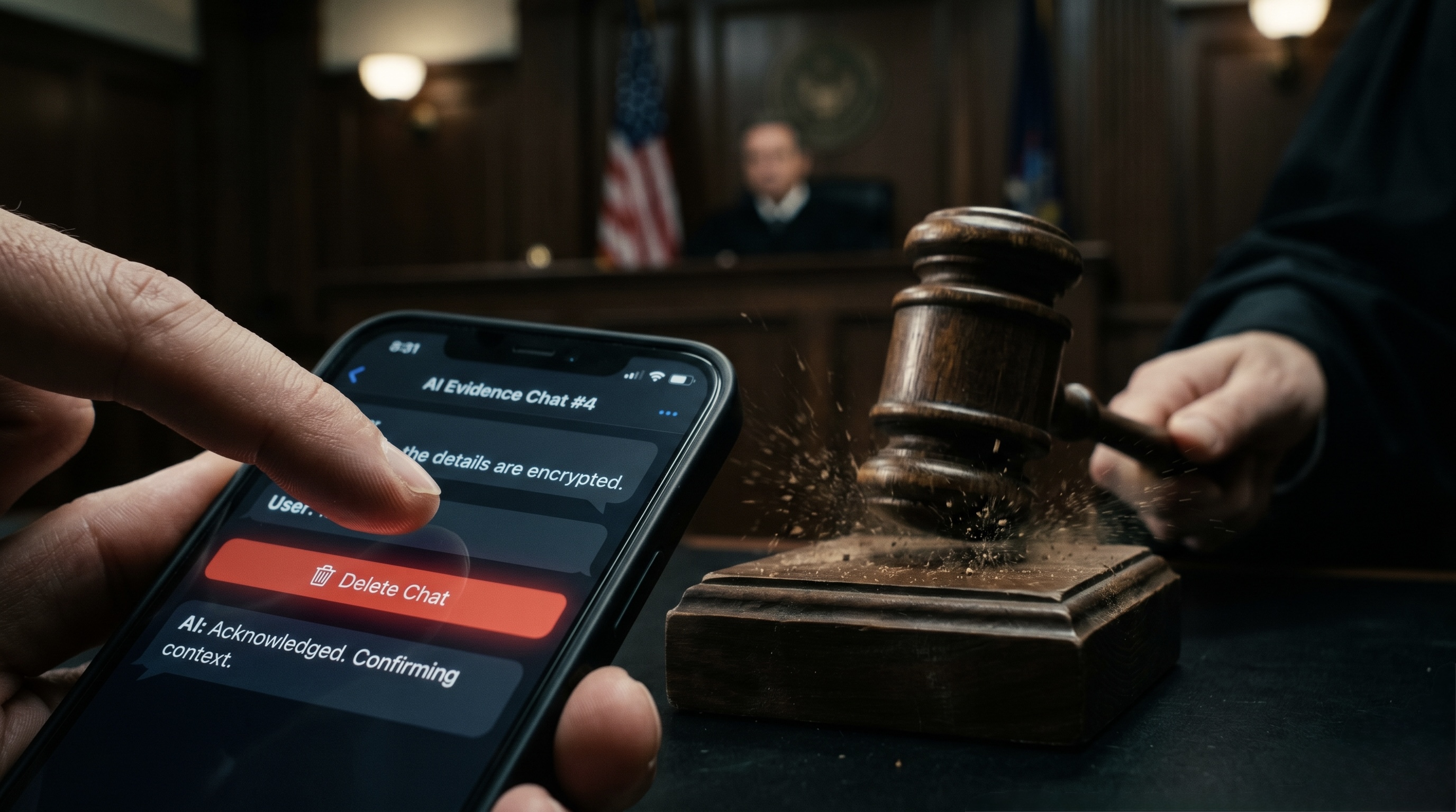 A hand tapping a Delete Chat button on a phone while a judge's gavel strikes the bench