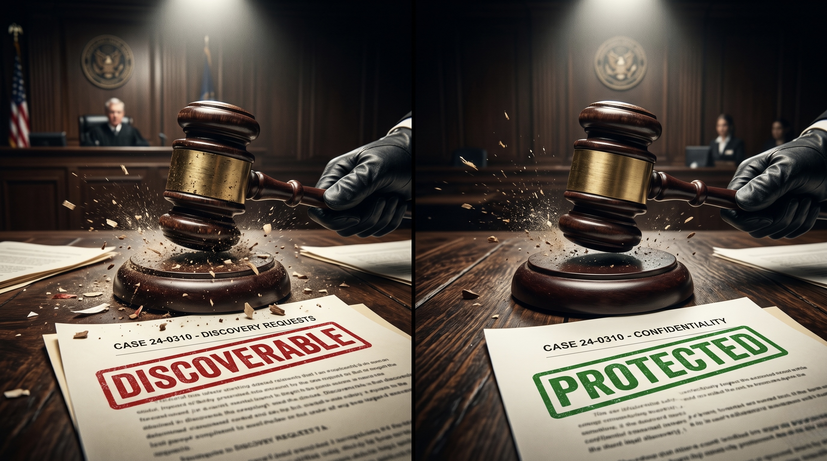 Split-screen of two courtroom desks: one case file stamped DISCOVERABLE in red, the other stamped PROTECTED in green, gavels mid-strike
